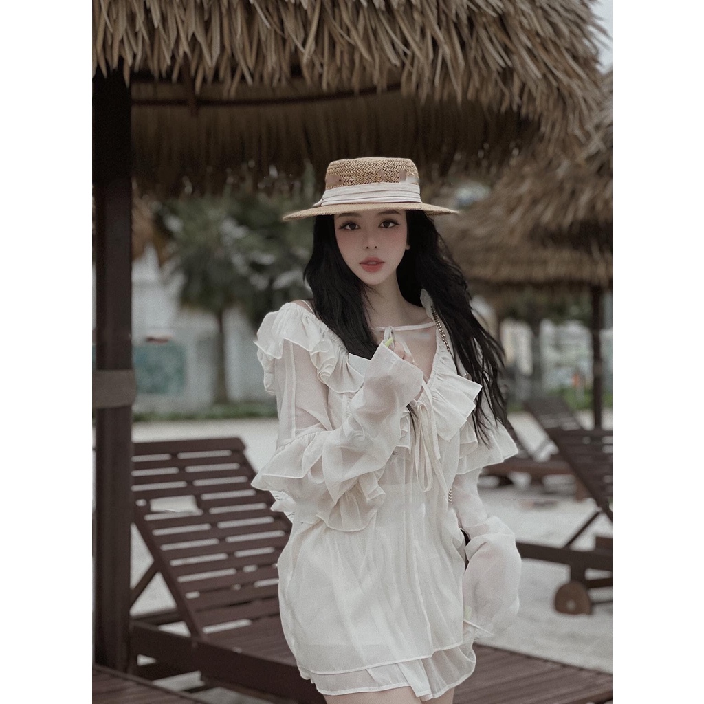 SET VOAN NUDE VÁY QUẦN + ÁO BÈO TAY DÀI KÈM ẢNH THẬT