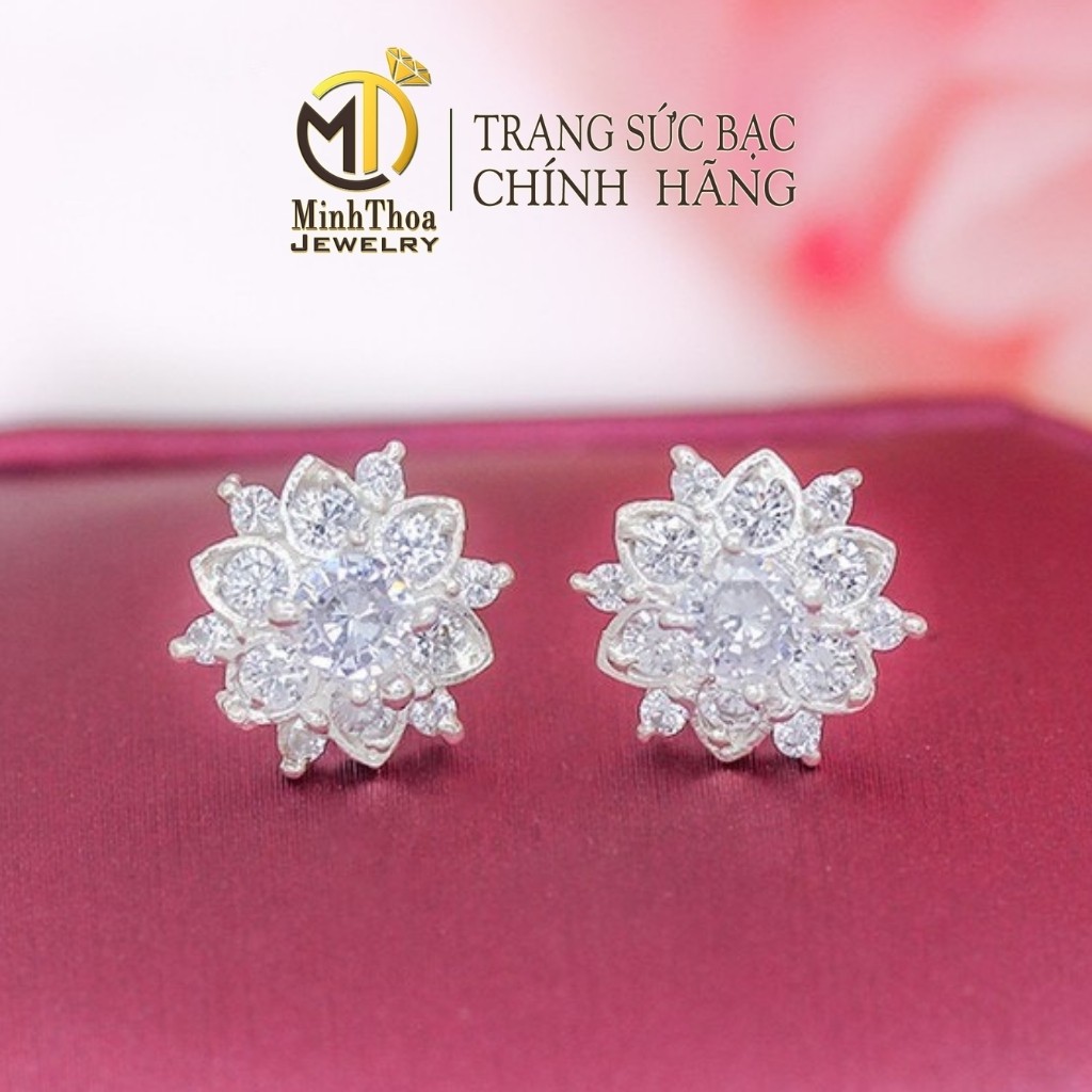 Bông tai nữ bạc đẹp, khuyên tai hoa sen trang sức bạc ta đính đá-Minh Thoa JEWELRY