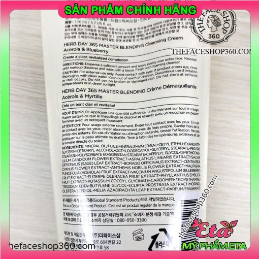 Kem tẩy trang The Face Shop Herb Day 365 Master Blending Cleansing Cream TFS làm sạch lớp trang điểm 170ml | BigBuy360 - bigbuy360.vn
