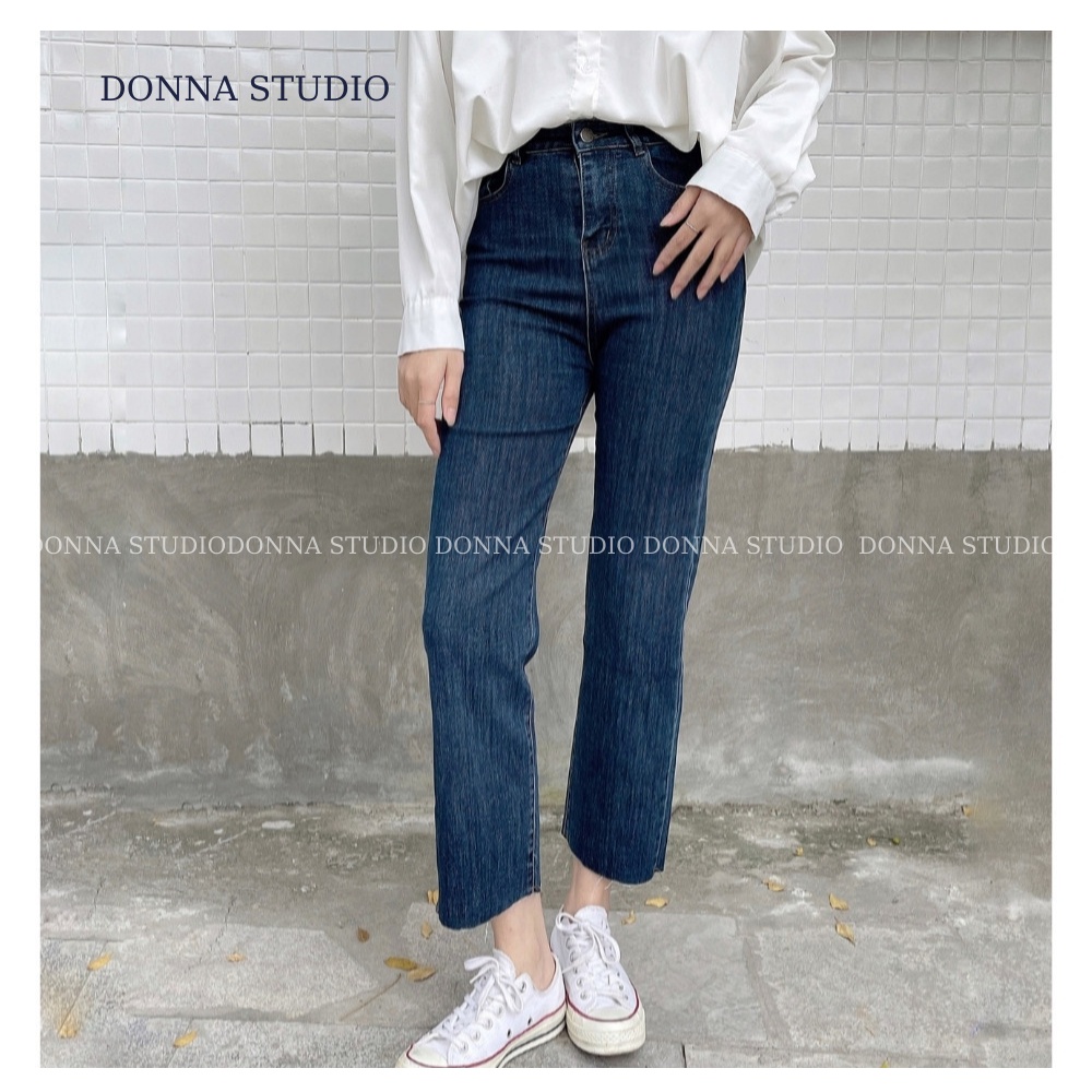 Quần Bò Nữ Ống Đứng Xanh Đậm Cắt Gấu DONNA Quần Jean Tôn Dáng Chất Lượng Cao