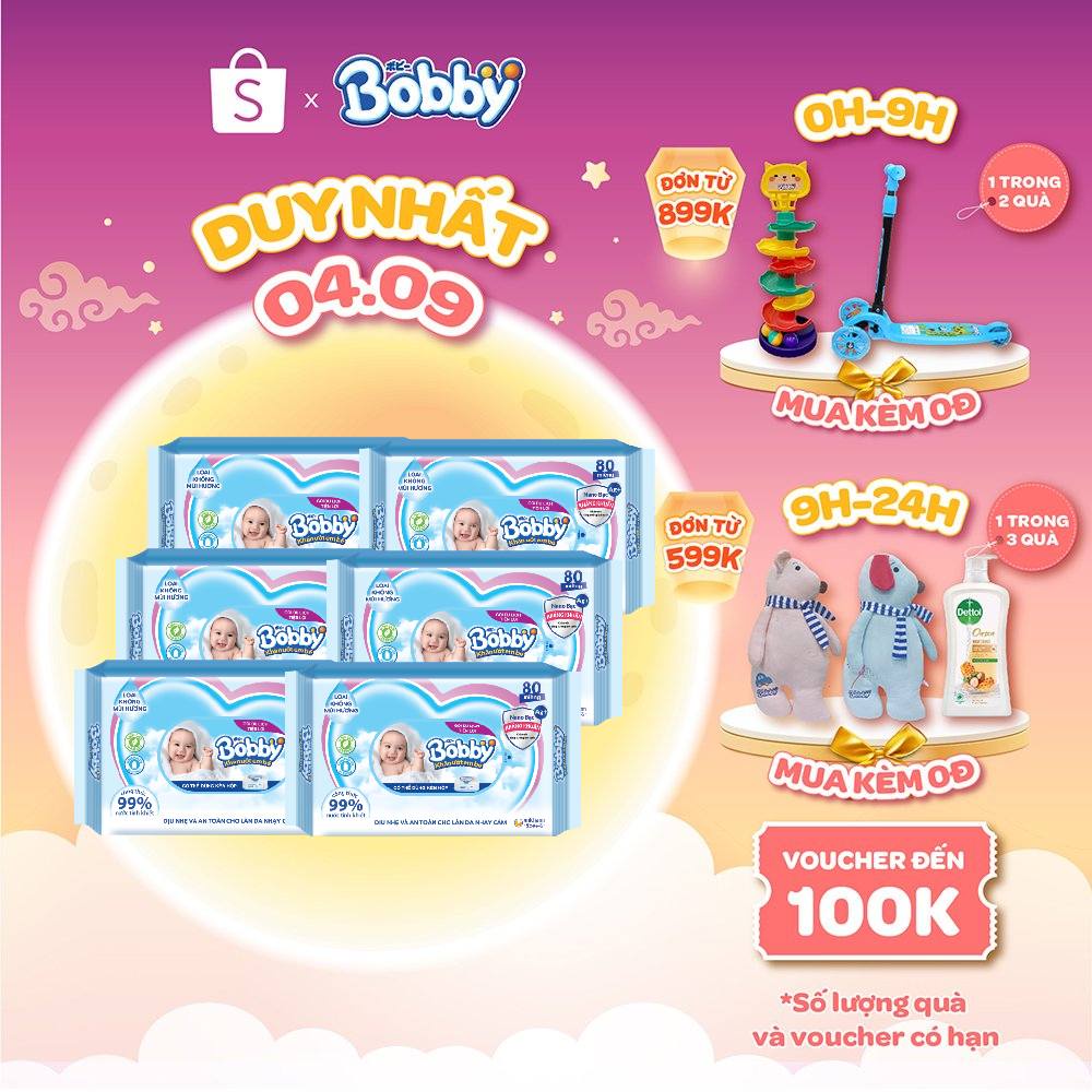 Combo 6 gói khăn ướt Bobby Care gói Bổ sung 80