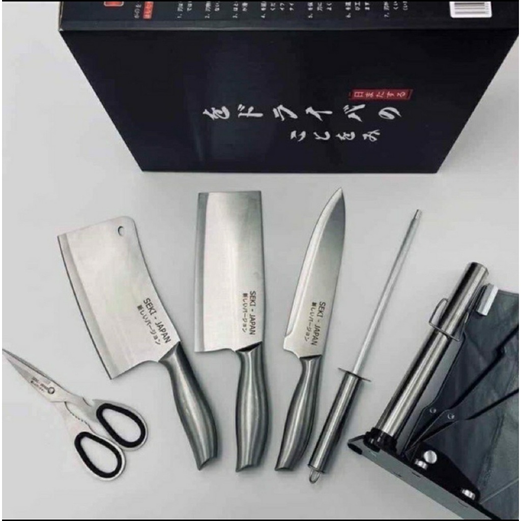 [FREESHIP] Bộ Dao Kéo 6 Món Nhật Bản Inox Đúc Nguyên Khối Cao Cấp Khắc Chữ SEKI JAPAN Có Đế Cắm Làm Từ Thép Không Gỉ.