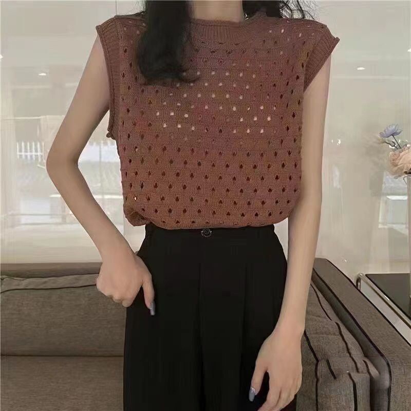 Áo dệt kim IELGY không tay cổ tròn màu trơn thời trang cho nữ