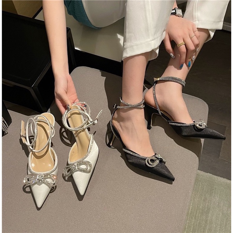 Sandal cao gót nơ đá quấn cổ 7p fullbox
