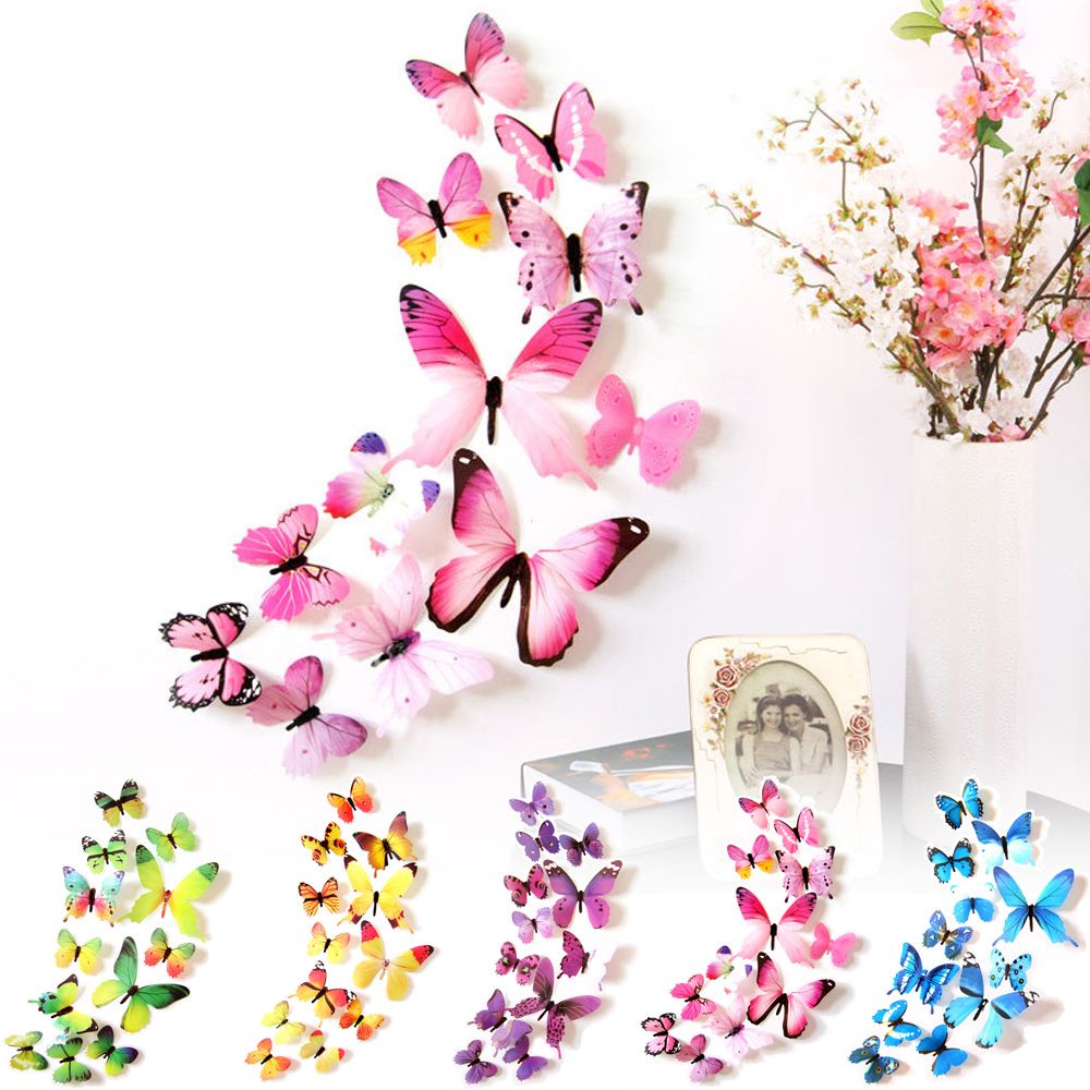 Set 12 Sticker Dán Tường Hình Cánh Bướm 3d Nhiều Màu Sắc