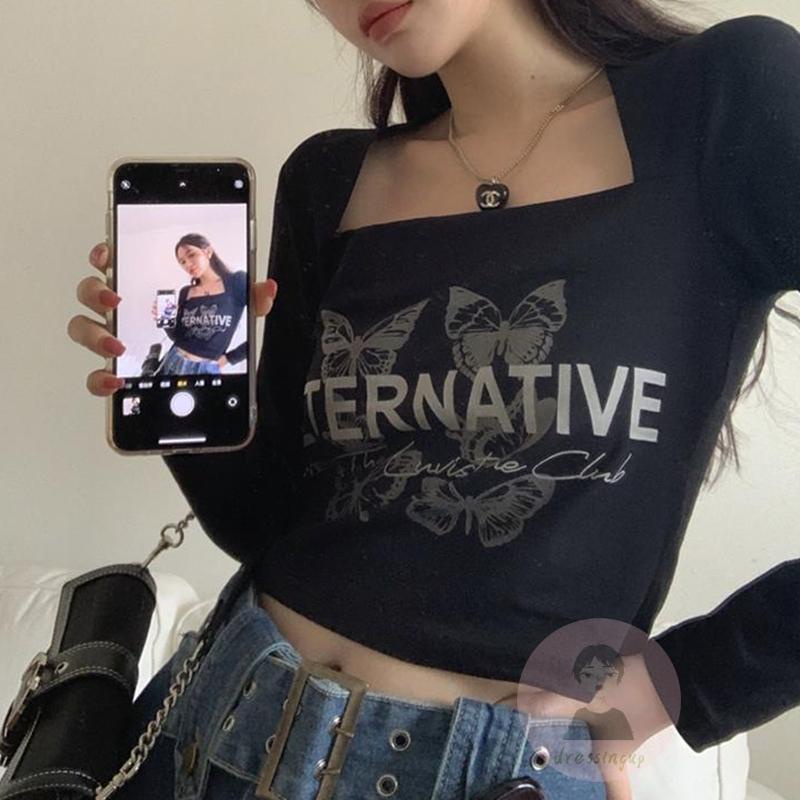 Áo Thun Dài Tay Cổ Vuông In Chữ Và Bướm Thời Trang Cho Nữ