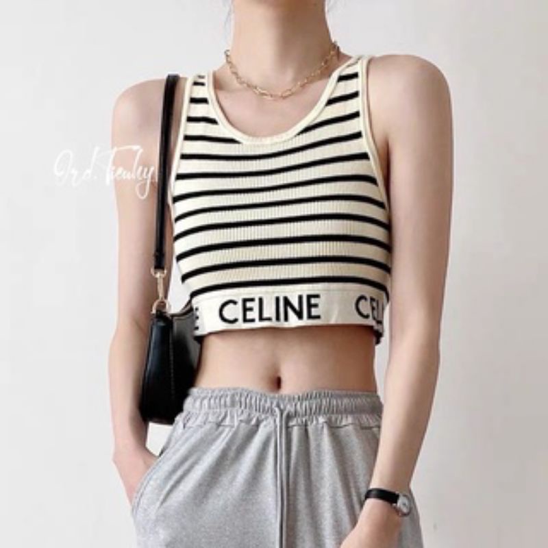 Áo croptop sát nách ZARA thun cotton gân tăm thêu chữ ce.line trắng, đen, sọc