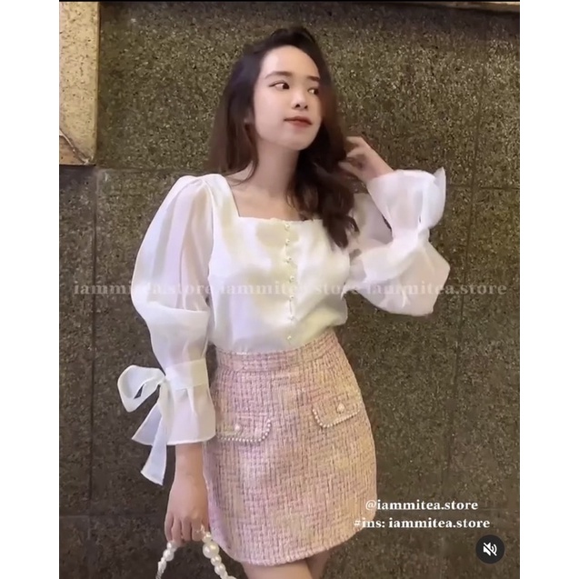 SET ÁO TRẮNG TAY NƠ CỔ VUÔNG + CHÂN VÁY BỐ HỒNG