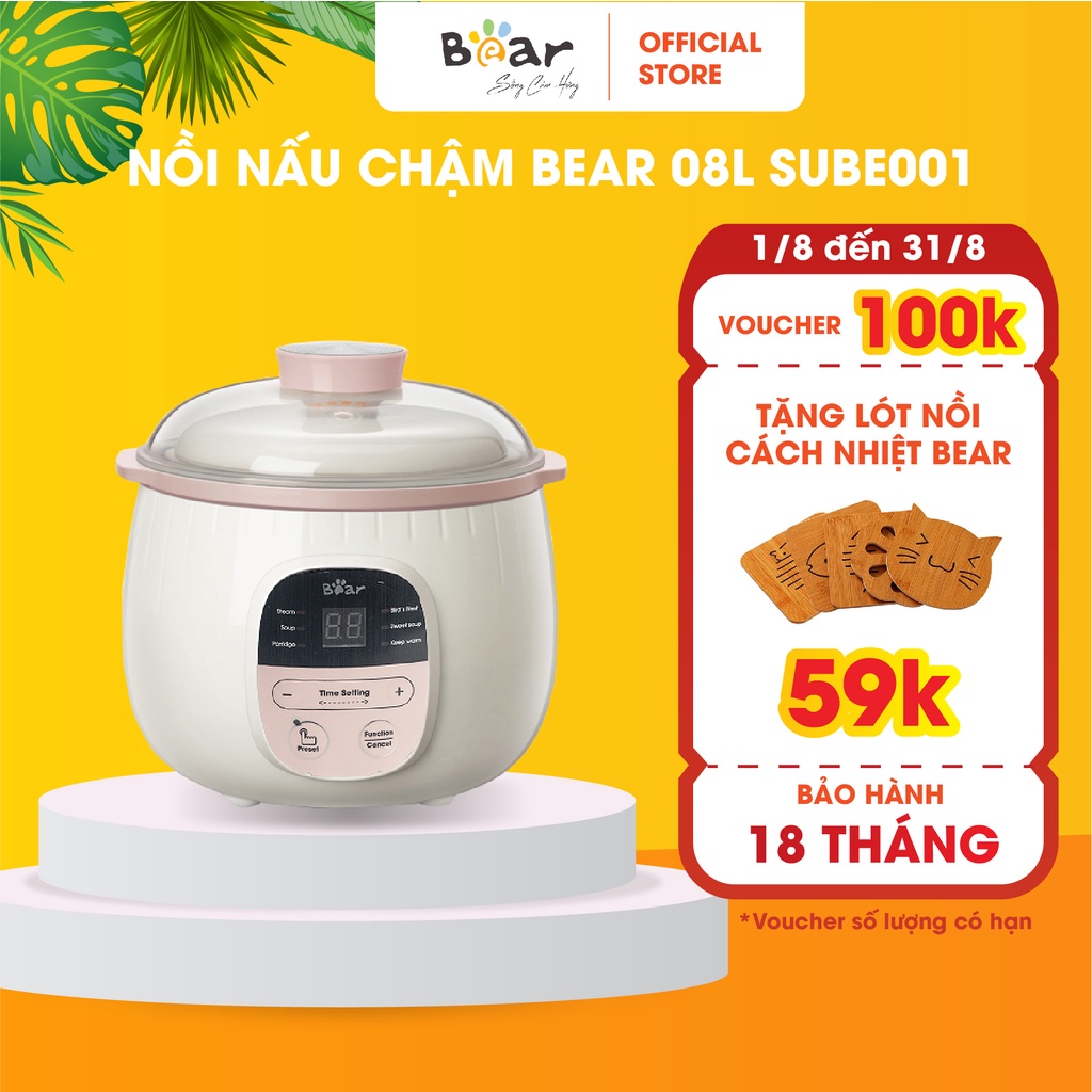 Nồi Nấu Chậm 0,8L Bear Chính Hãng, Nấu Cháo, Hầm, Hấp, Chưng Yến Bản Quốc Tế Bảo Hành 18 Tháng - SUBE001