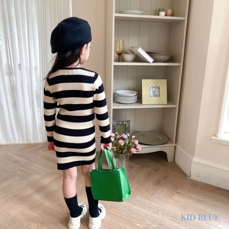 Đầm Dệt Kim Kẻ Sọc Trắng Đen Lưng Cao Co Giãn Tốt Thời Trang Cho Bé Gái