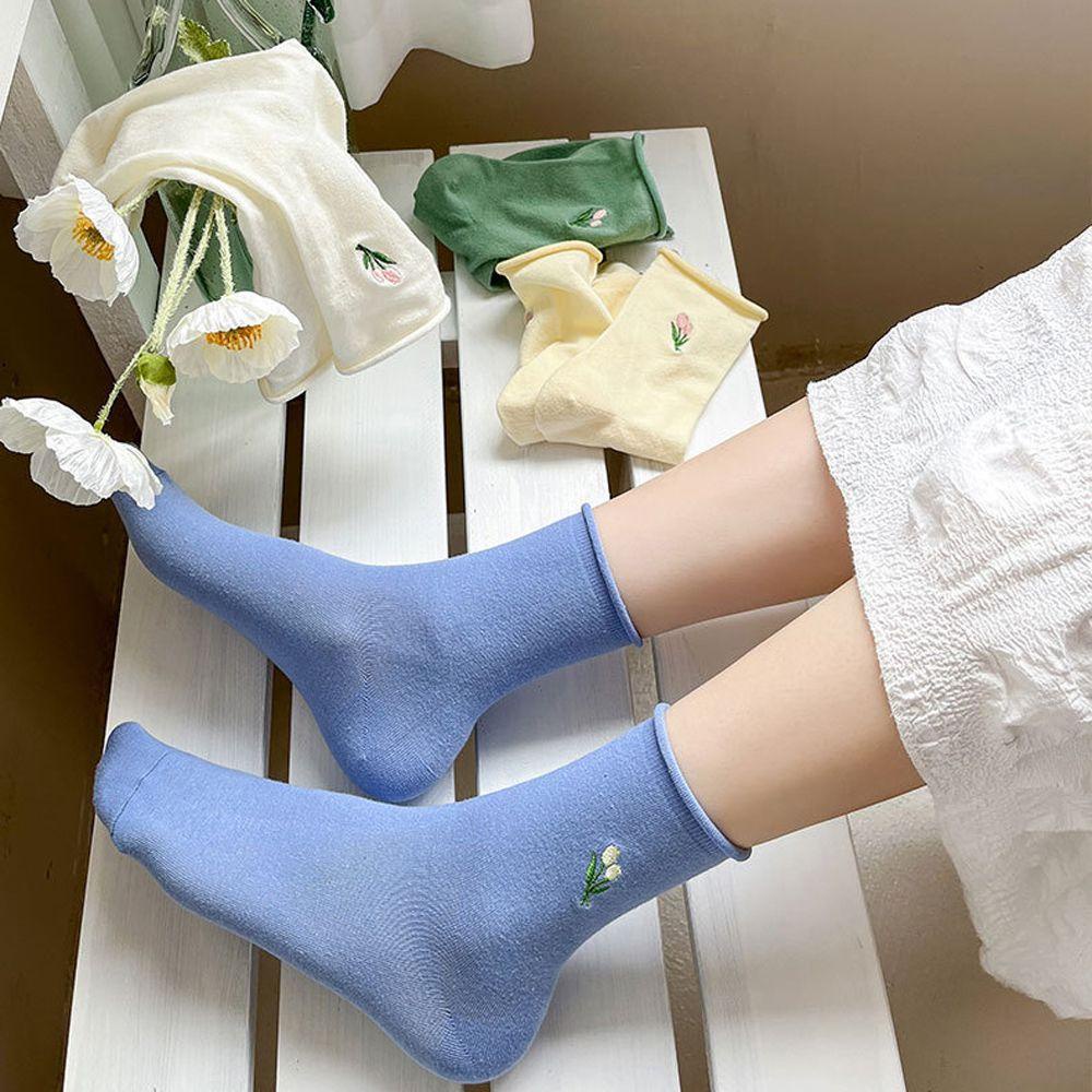 Vớ Cotton Thoáng Khí Thoải Mái Thêu Họa Tiết Hoa Tulip Màu Sắc Đơn Giản Phong Cách Harajuku Cho Nữ