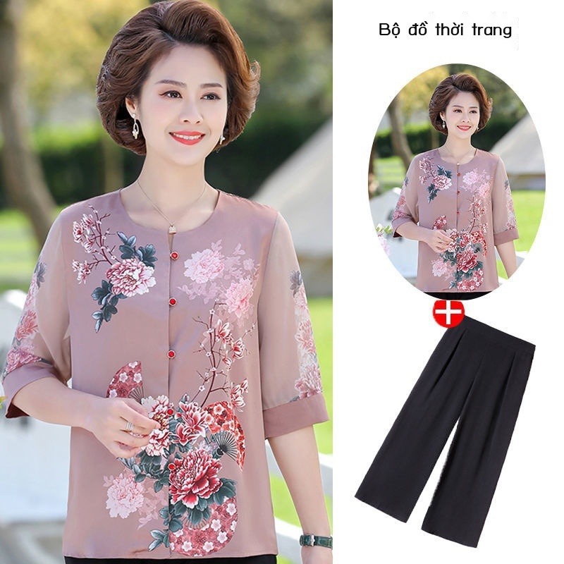 ♣Váy mùa hè của mẹ trung niên 40 tuổi phụ nữ và người lớn áo phông voan trên cùng bộ đồ mới