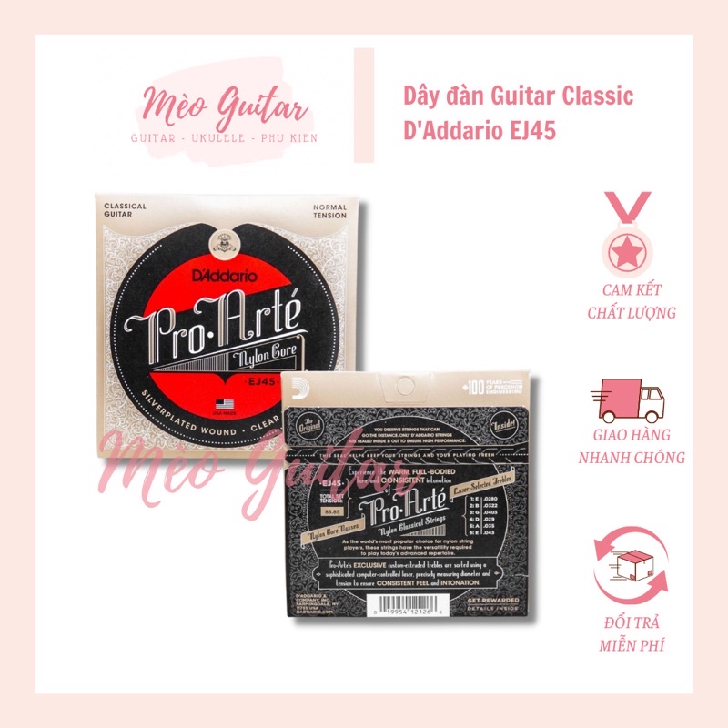 Bộ 6 Dây đàn Guitar Classic D'Addario EJ45 | Dây đàn nylon chất lượng | Mèo Guitar