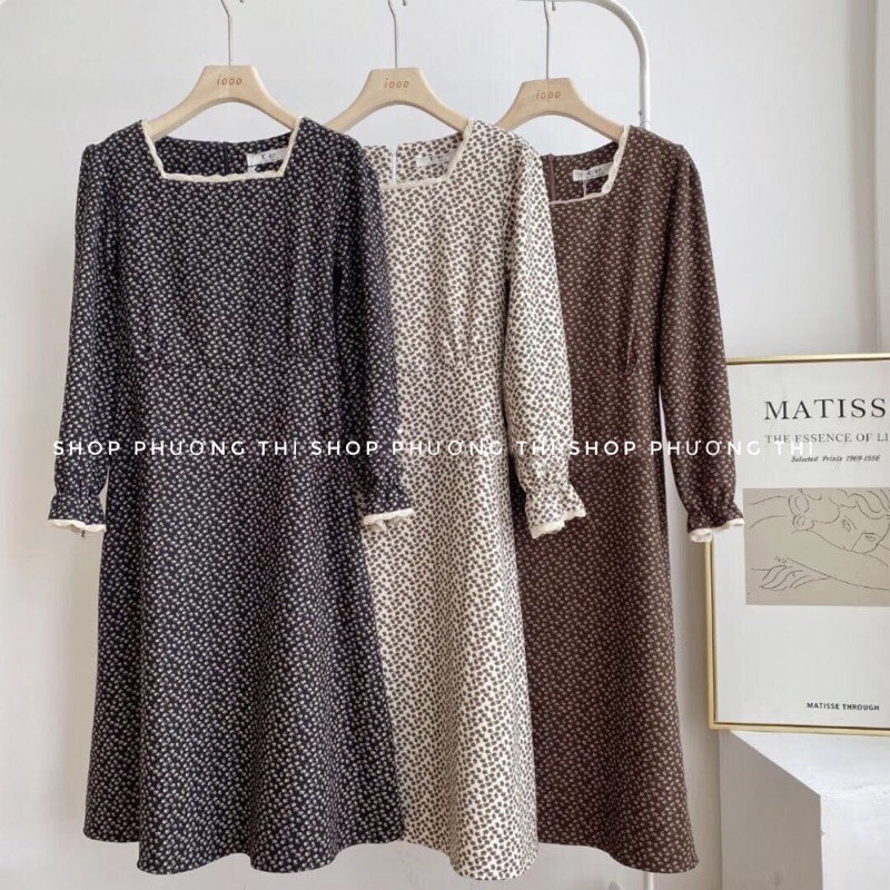 Váy hoa nhí cổ vuông dài tay- váy tiểu thư vintage (hình shop tự chụp/sẵn) | BigBuy360 - bigbuy360.vn