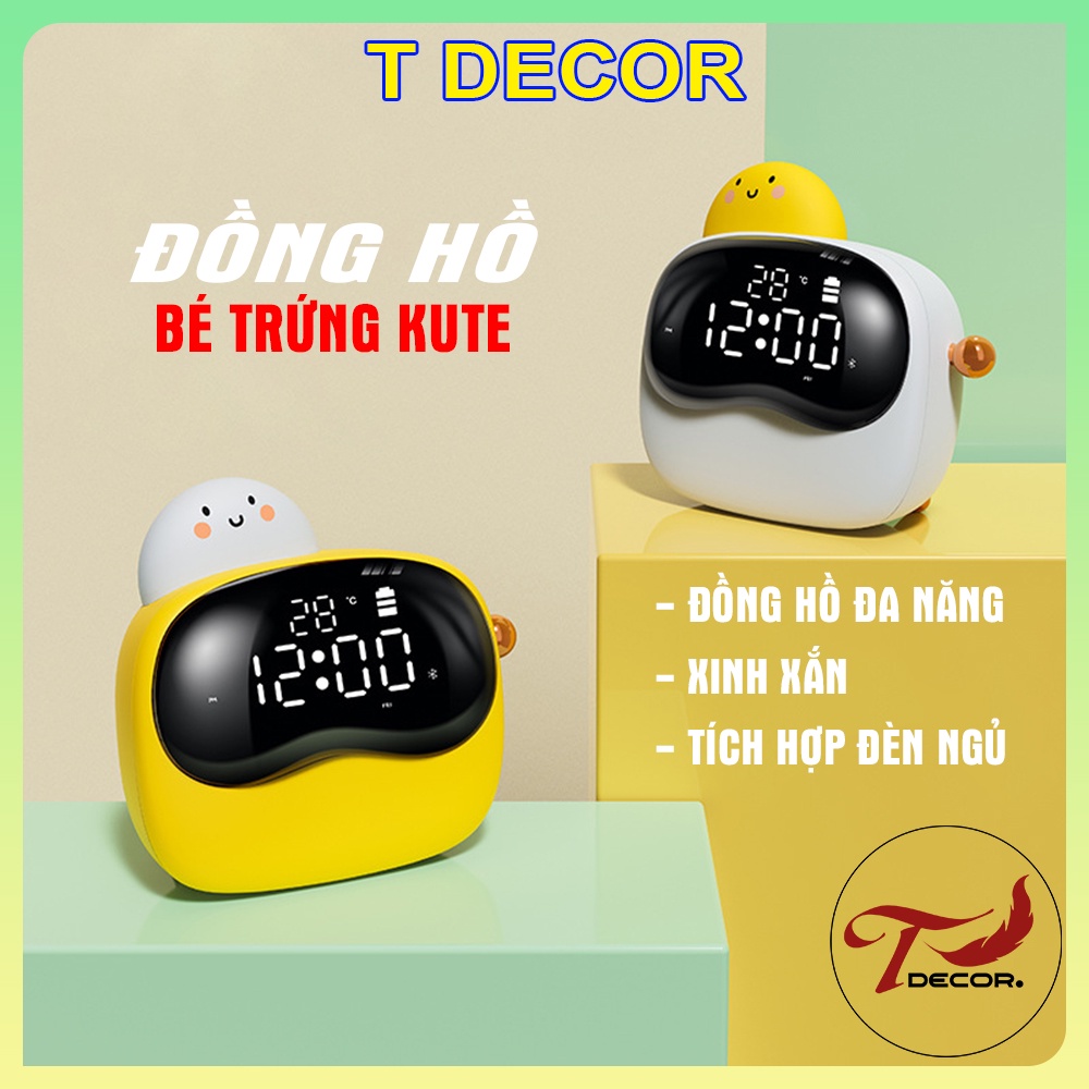 Đồng Hồ Bé Trứng Cute-Đồng Hồ Decor Trang Trí Bàn Học, Bàn Làm Việc-Kiêm Đèn Ngủ-Kết Nối ĐT Thông Minh Kèm Sạc USB - T