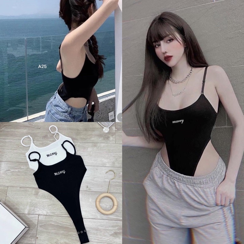 Áo boddysuit liền thân 2 dây  , Áo jumsuit thêu chữ MARRY ôm boddy khoét eo gợi cảm sexy hottrend cho nữ