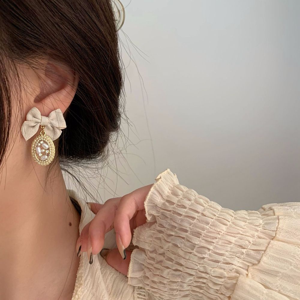Bông tai bằng hợp kim đính nơ vải và ngọc trai phong cách Hàn Quốc thời trang cho nữ