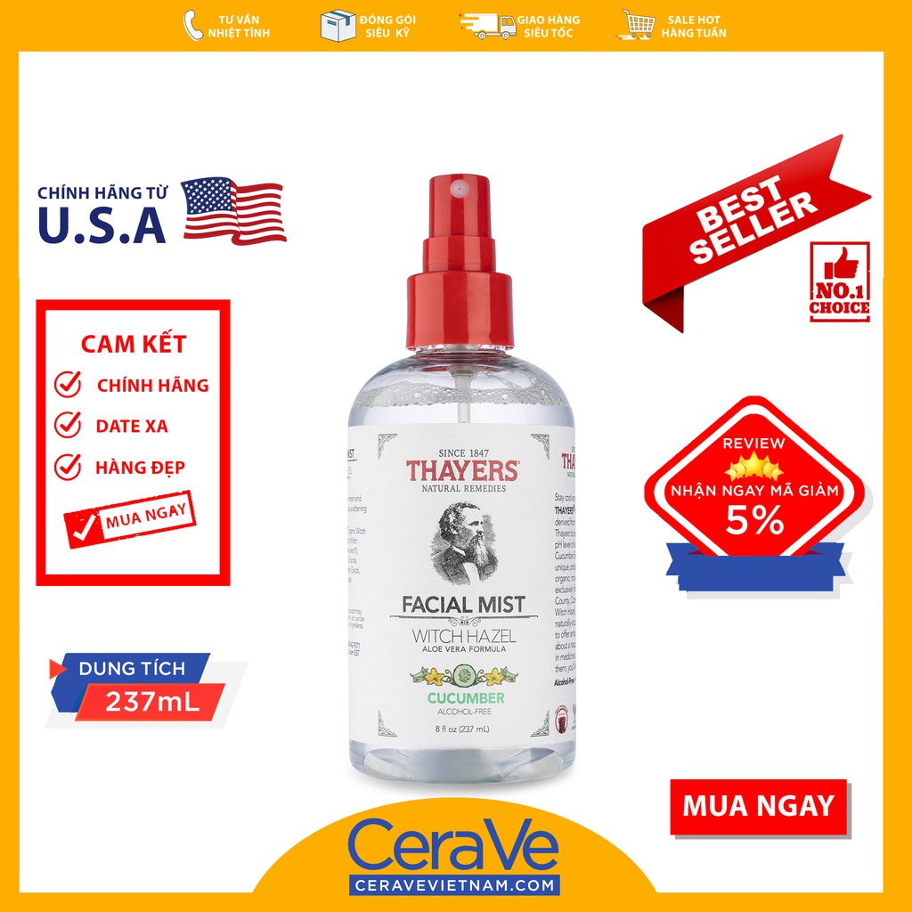 Thayers Cucumber Facial Mist Nước hoa hồng dạng xịt (237mL) Shopee