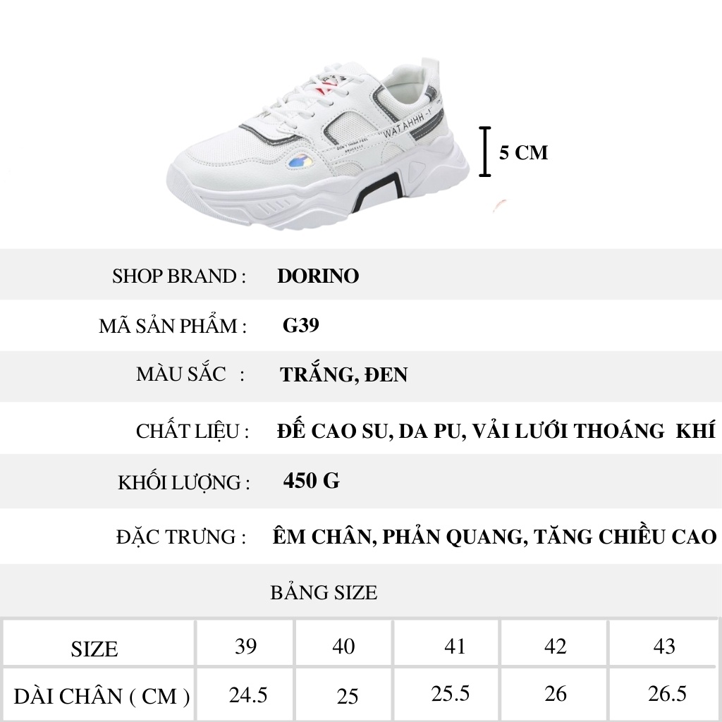 Giày sneaker nam phản quang đế độn cao cấp cổ thấp buộc dây thoáng khí mới hot size 39 đến 43 DORINO G39