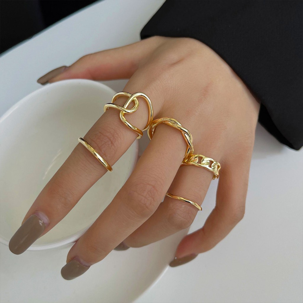 Set 5 nhẫn đeo tay kim loại thiết kế đơn giản thời trang