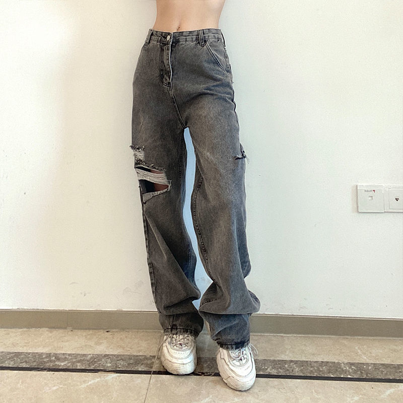 Quần Denim Lưng Cao Ống Rộng Phối Rách Cá Tính Theo Phong Cách Châu Âu | BigBuy360 - bigbuy360.vn