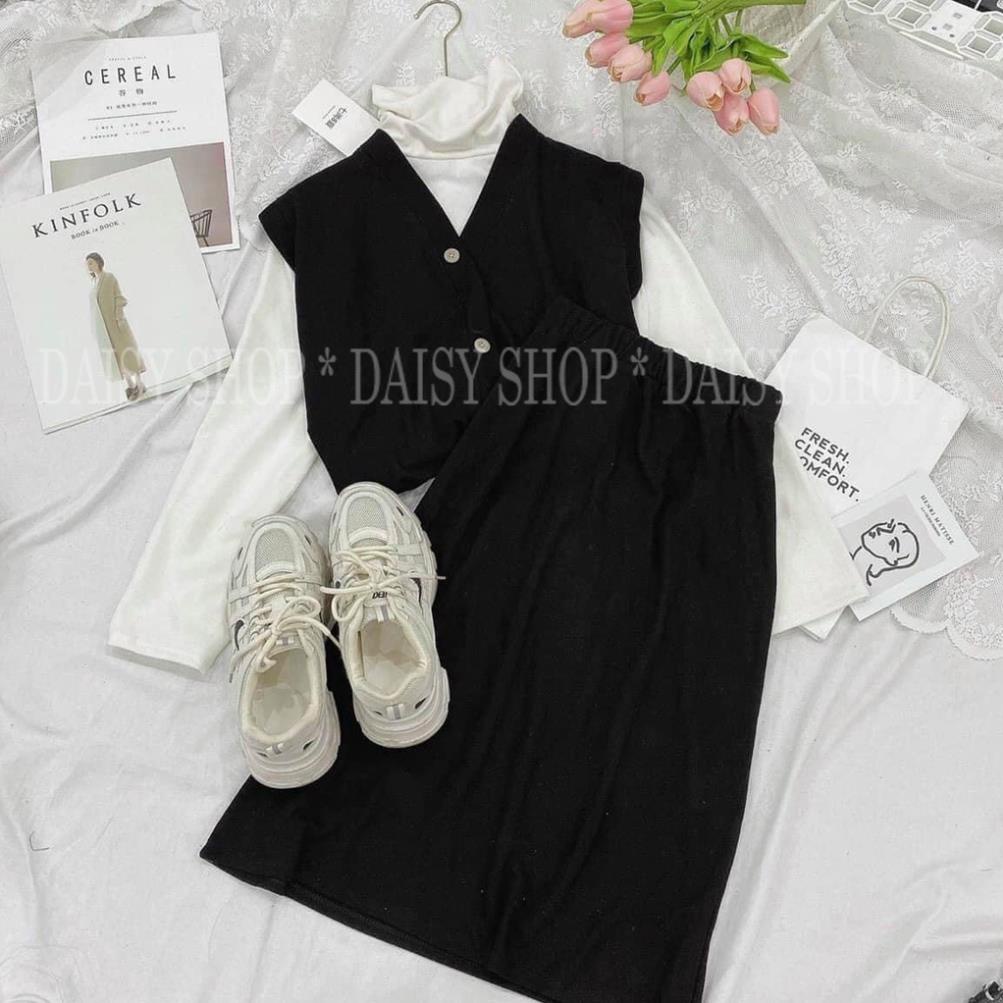 Set Váy Công Sở Tiểu Thư, Váy Thiết Kế Gốm Áo Thun Trắng Tay Dài, Chân Váy Dài Qua Gối, Áo ghile JOP
