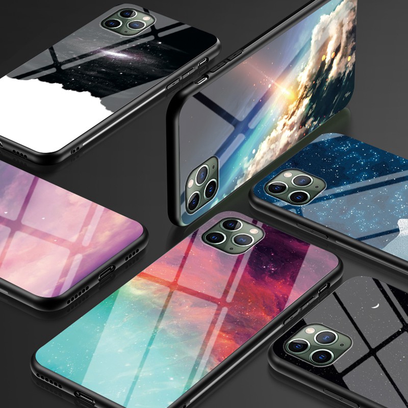 Case iPhone 11 Pro Max XS Max XR X 5S 6 Plus 6S Plus 7 Plus 8 Plus Stained Starry Sky Glass Shell Case Cover