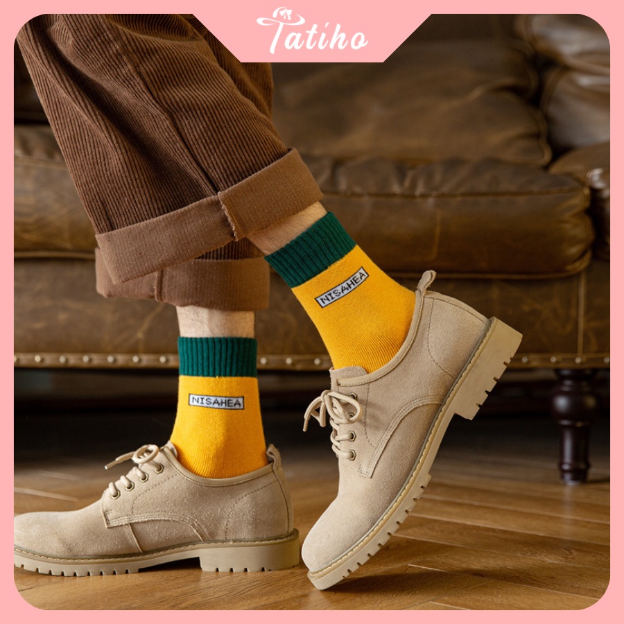 Tất Vớ Unisex Nam Nữ Cổ Cao Chất Cotton Dày Dặn Họa Tiết Trơn Phối Chữ Ở Cổ Năng Động Phong Cách Hàn Quốc - Mã TV035