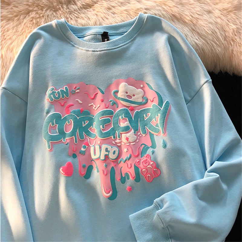 【HangFei】Áo Thun Nỉ Tay Dài Dáng Rộng In Hình Gấu Dễ Thương