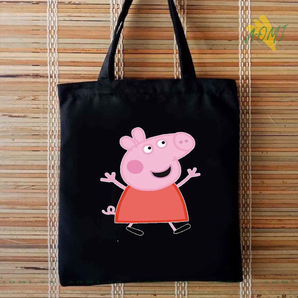TOTE CANVAS heo peppa TÚI VẢI ĐEO VAI BAG CÓ KHÓA KÉO SIZE LỚN 33x38cm AOMIVN DU LỊCH DẠO PHỐ