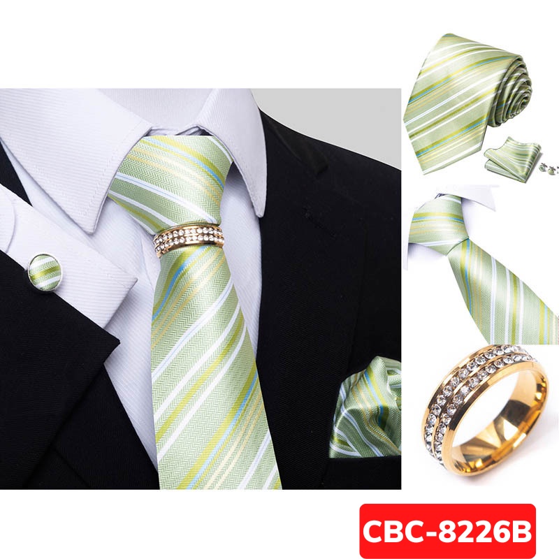 Bộ Cà vạt 4 món gồm Cavat 8cm, khăn cài túi, Măng-set, Nhẫn tròn phụ kiện, Cravat chú rể, Calavat công sở CBC-8226