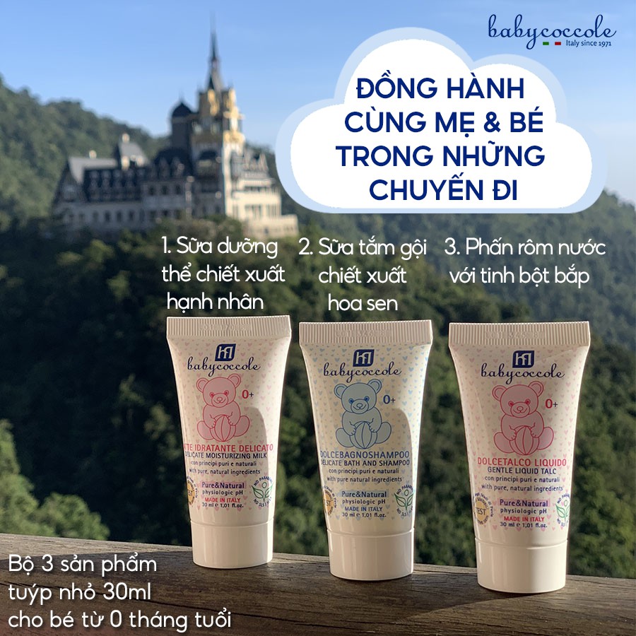 Travel Kit Sữa Tắm Gội Chiết Xuất Hoa Sen 2 chai x 30ml + Phấn Rôm Dạng Nước cho Bé 30ml Babycococcle