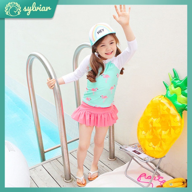 Bộ Đồ Bơi 3 Món Tay Dài Chống Nắng In Họa Tiết Thời Trang Cho Bé Gái