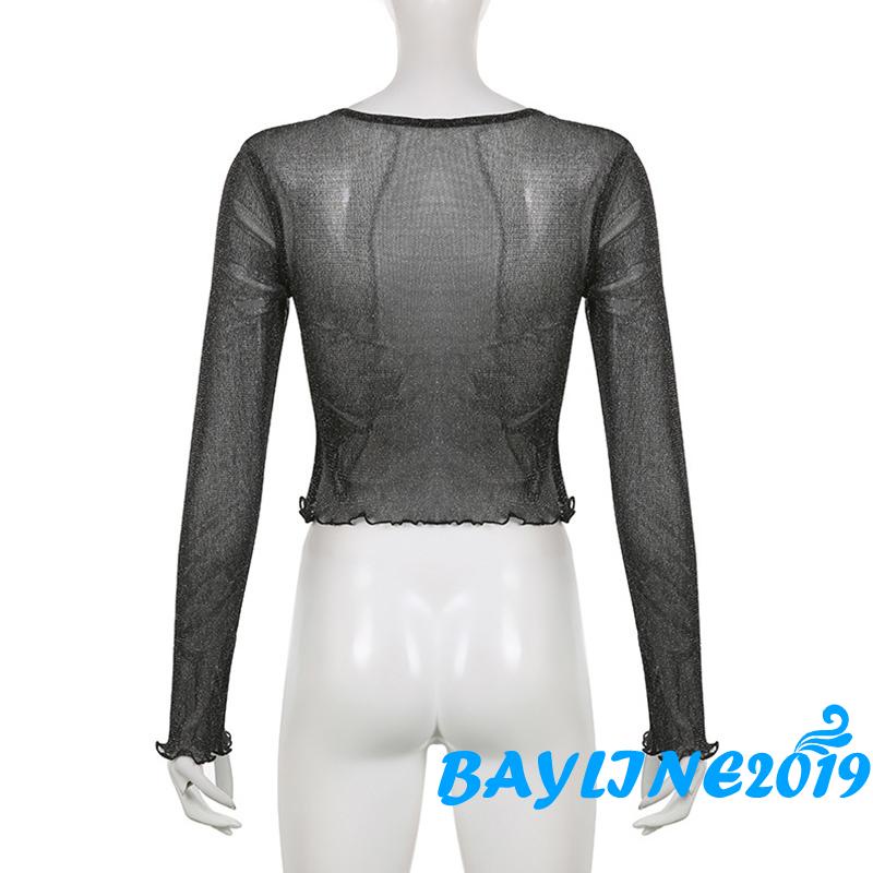 Bay- Áo Croptop Sơ Mi Crop Top Tay Dài Có Dây Rút Ngực Xuyên Thấu Sáng Bóng