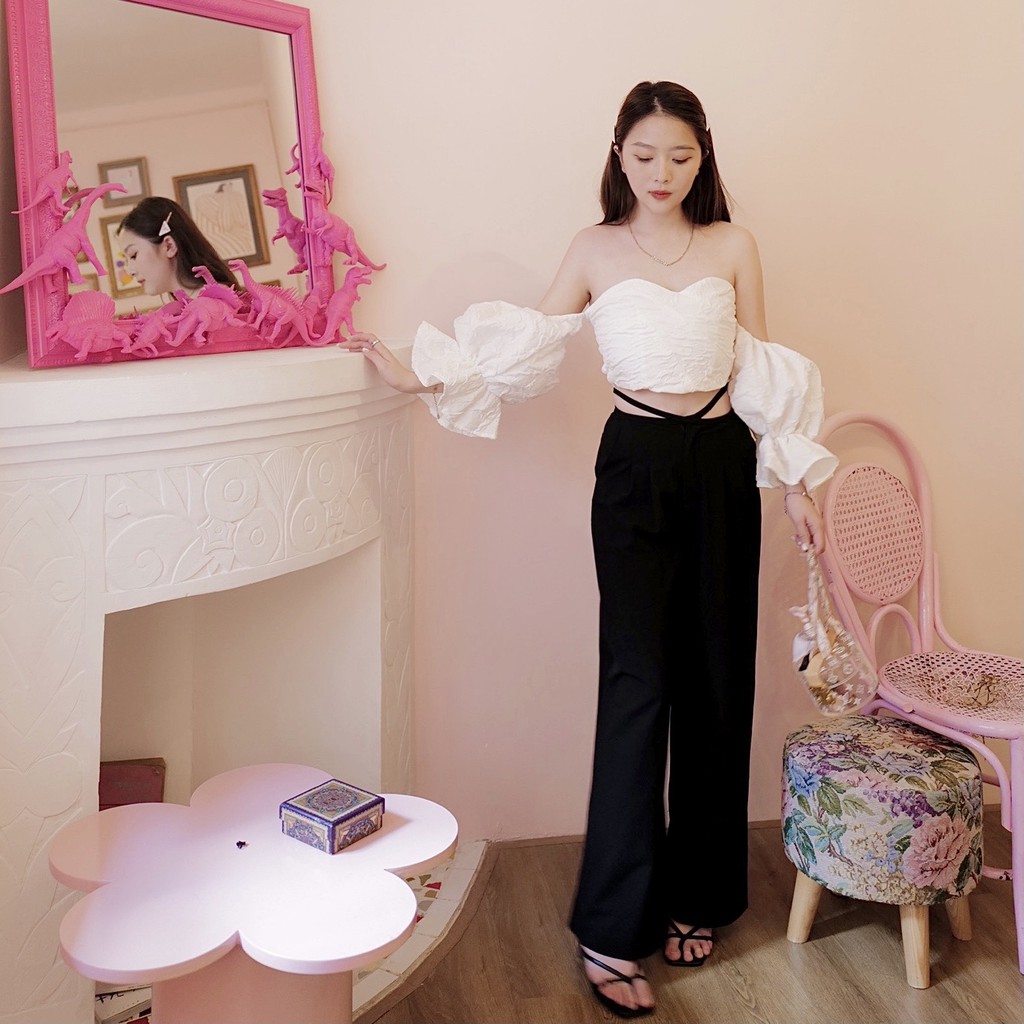 Áo trễ vai tay rời gấm trắng AUDREY OFF/WH freesize