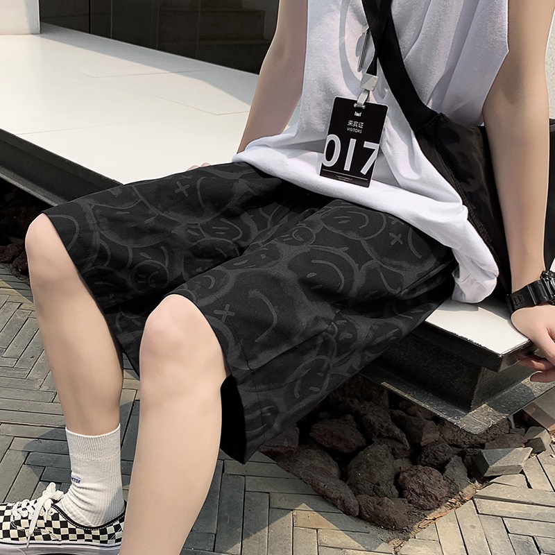 Quần short nam ống rộng in hình mặt cười phong cách hip hop cá tính thời trang