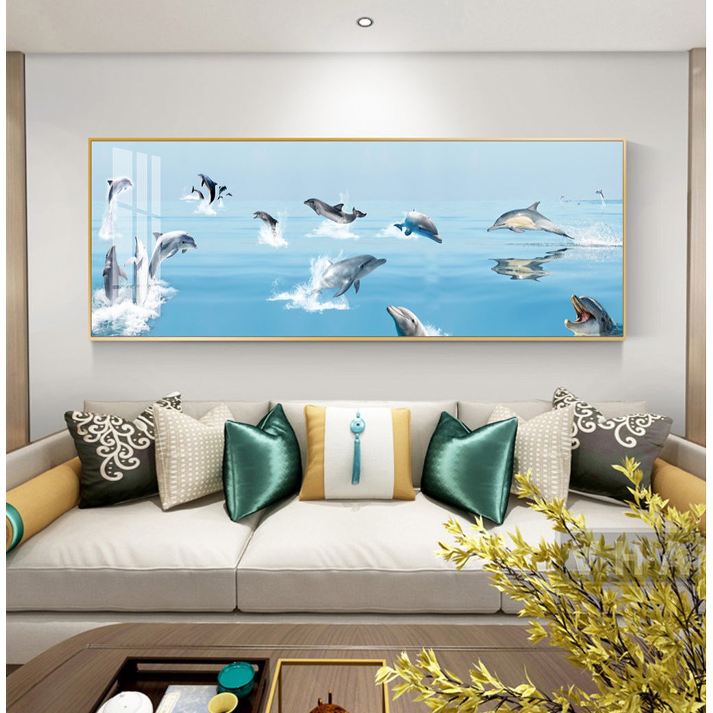 Tranh treo tường hiện đại thiên nhiên đàn cá heo dưới đại dương chất liệu bóng kính hoặc vải canvas ZTU_236108