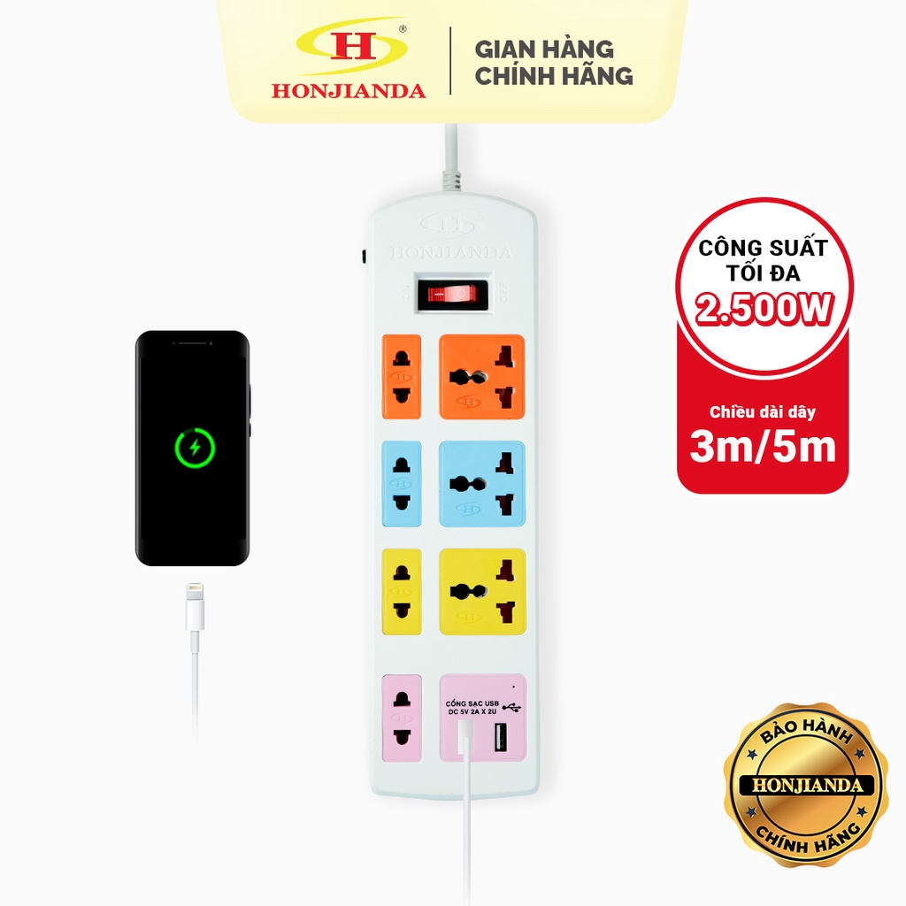 Ổ cắm điện đa năng Honjianda Có USB Mã 04 Dây 3m/5m - an toàn chống quá tải