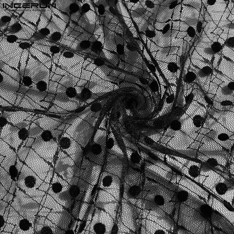 INCERUN Áo Thun Tay Dài Trong Suốt In Họa Tiết Hình Học Quyến Rũ Cho Nam