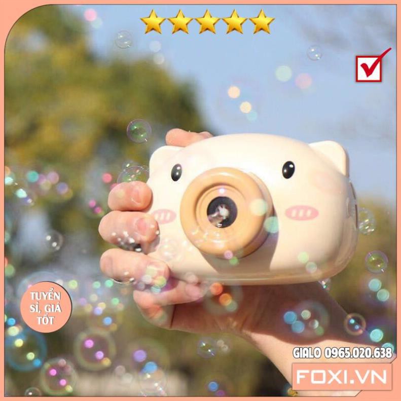 Đồ chơi Máy ảnh thổi bong bóng hình heo con-mèo Hello Kitty đáng yêu-Máy thổi bong bóng-có đèn và nhạc-có dây đeo