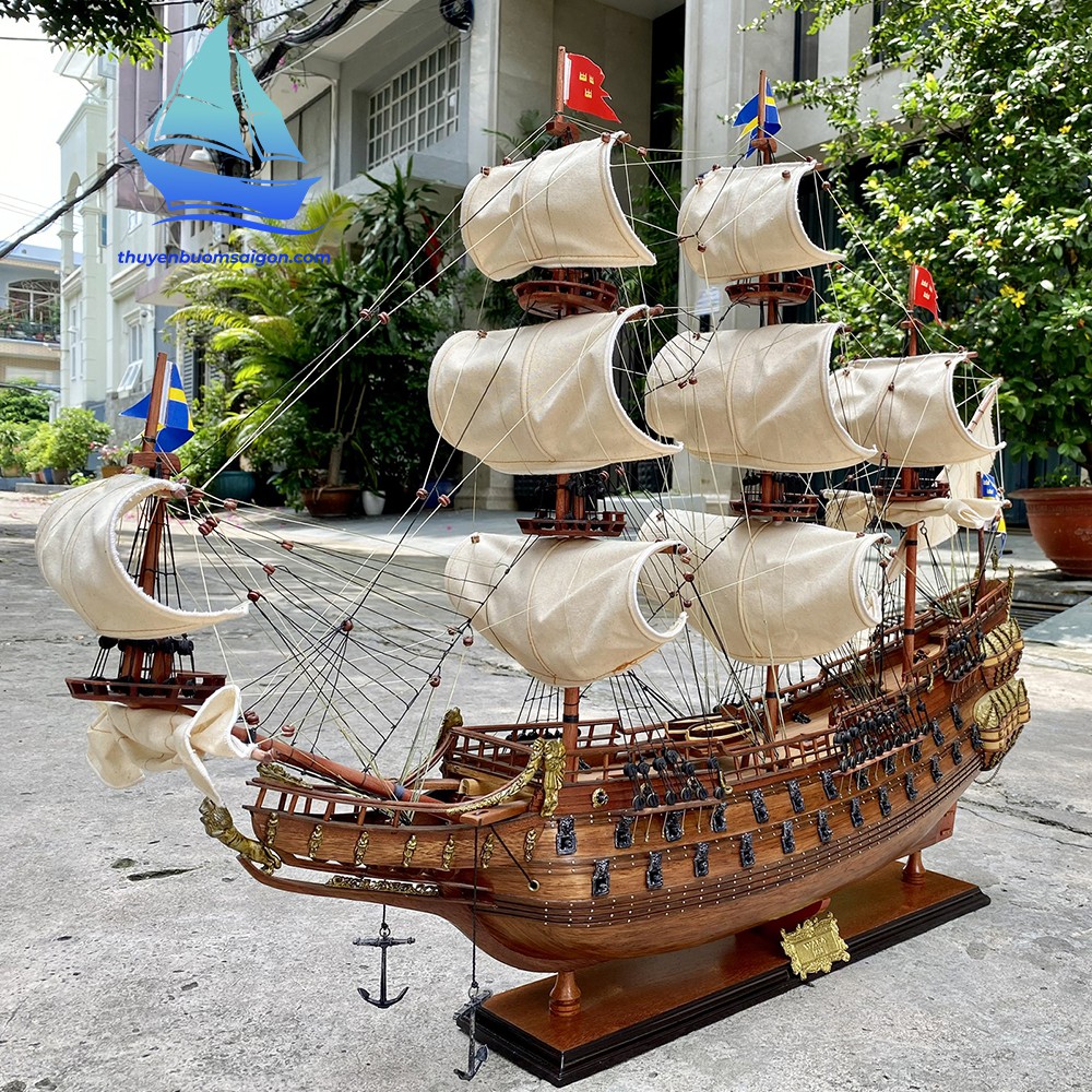 Thuyền gỗ phong thủy Wasa dài 90cm gỗ tự nhiên lắp ráp sẵn, mô hình thuyền buồm trang trí, quà tặng cao cấp