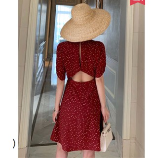 (ORDER) Váy xòe đỏ chấm bi hở lưng cổ V kiểu Pháp style Vintage hè 2020
