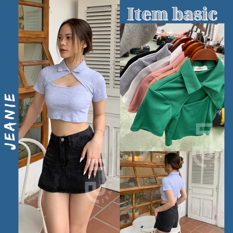 Áo croptop nữ ngắn tay khoét ngực JEANIE cổ bẻ đính nút kiểu ôm basic phong cách ulzzang