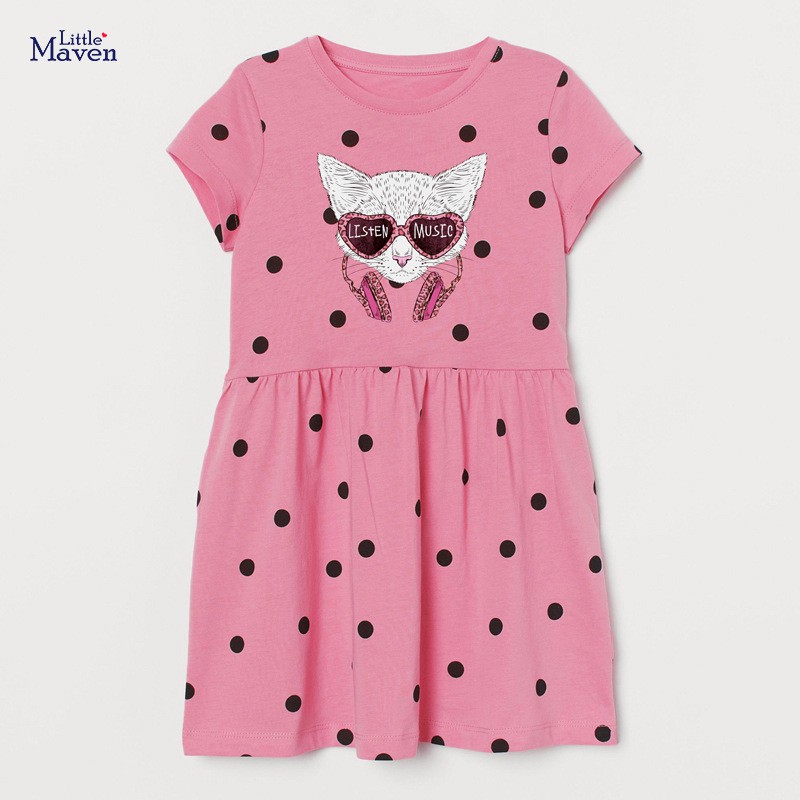 Váy cotton bé gái Little Maven chấm bi tay hến họa tiết mèo siêu ngộ nghĩnh đủ size 2-7T