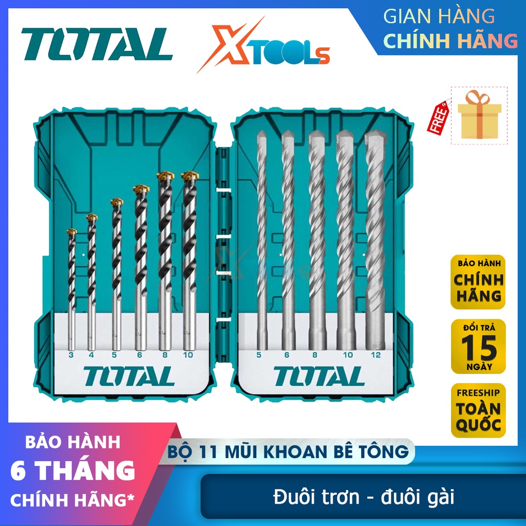 Bộ 11 mũi khoan bê tông đuôi trơn và đuôi gài TOTAL TACSDL31101, bộ 11 mũi khoan kích thước 3 -12mm [CHÍNH HÃNG][XTOOLS]