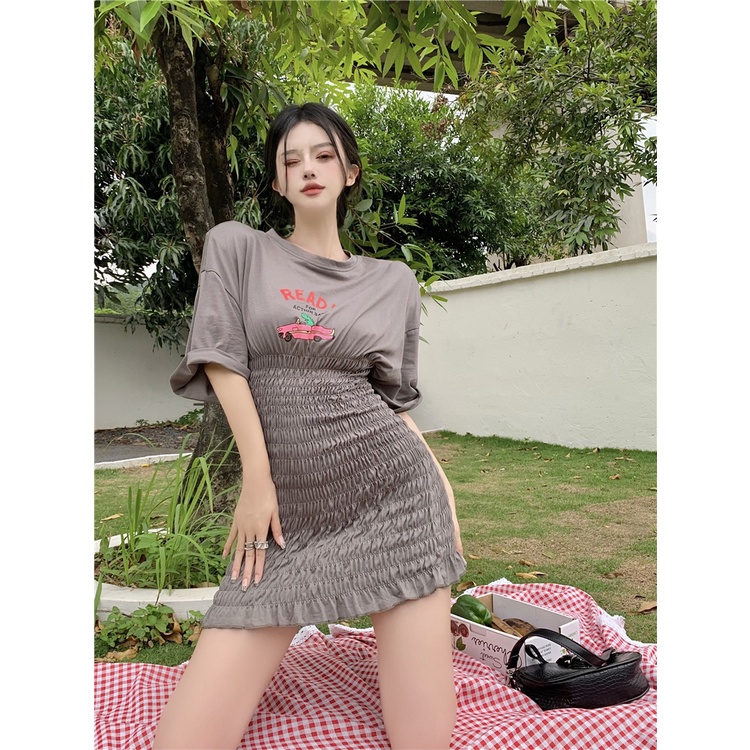 Đầm Tay Ngắn Cổ Tròn Dáng Ôm In Họa Tiết Hoạt Hình Phong Cách Hàn Quốc Thời Trang Mùa Hè Xinh Xắn Cho Nữ