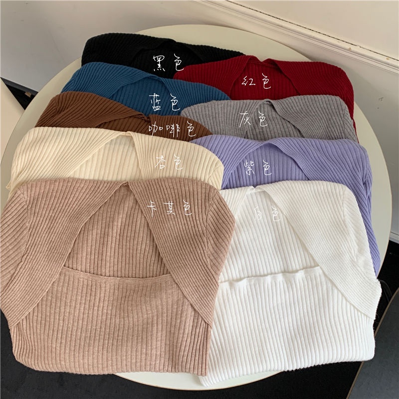 Áo dệt kim tay dài cổ vuông màu trơn phong cách Hàn Quốc thời trang quyến rũ