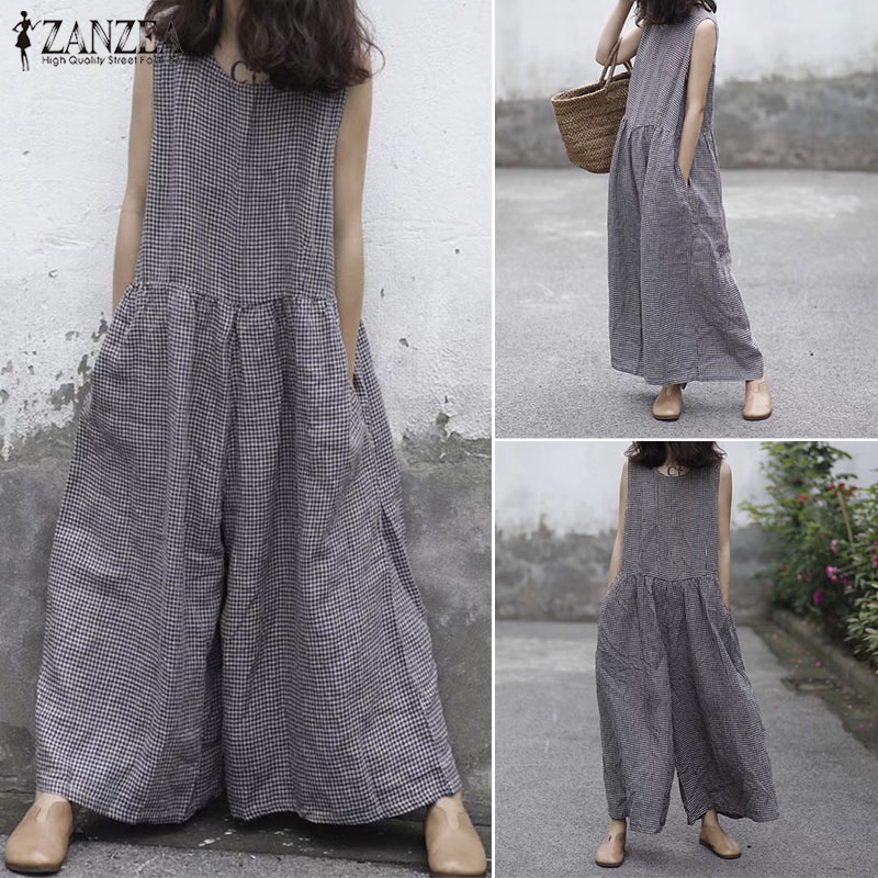 ZANZEA Jumpsuit Ống Rộng Không Tay Họa Tiết Ca Rô Thời Trang Dành Cho Nữ