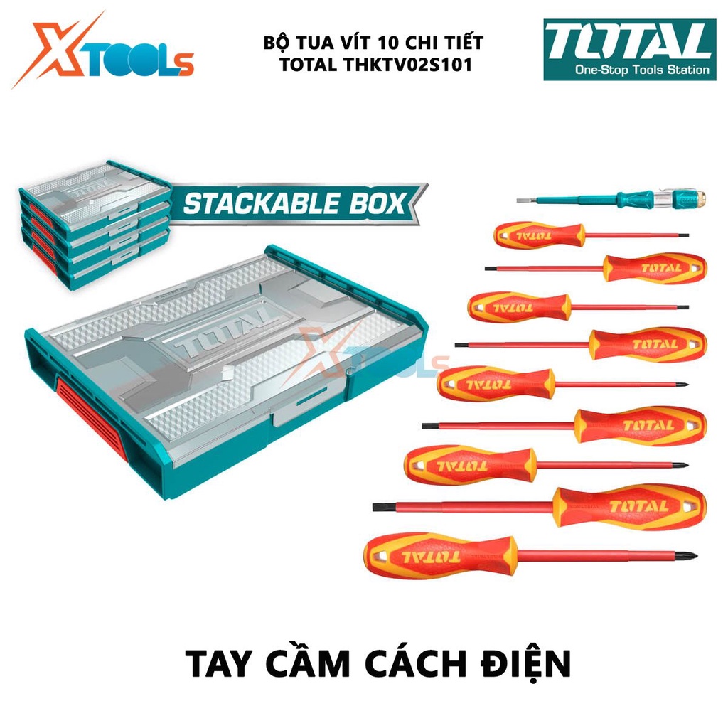Bộ tuốt nơ vít cách điện 10 chi tiết TOTAL THKTV02S101 | Bộ 10 tua vít cách điện 9 tua vít SL3.0x75mm, SL4.0x100mm, SL5.