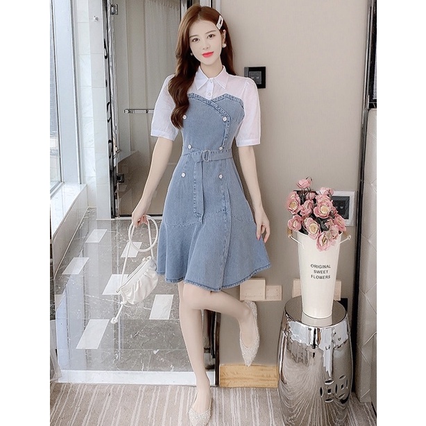 Đầm Jean nữ cao cấp, thiết kế cổ sơ mi, thắt eo cách điệu duyên dáng, trẻ trung, phong cách NV0903